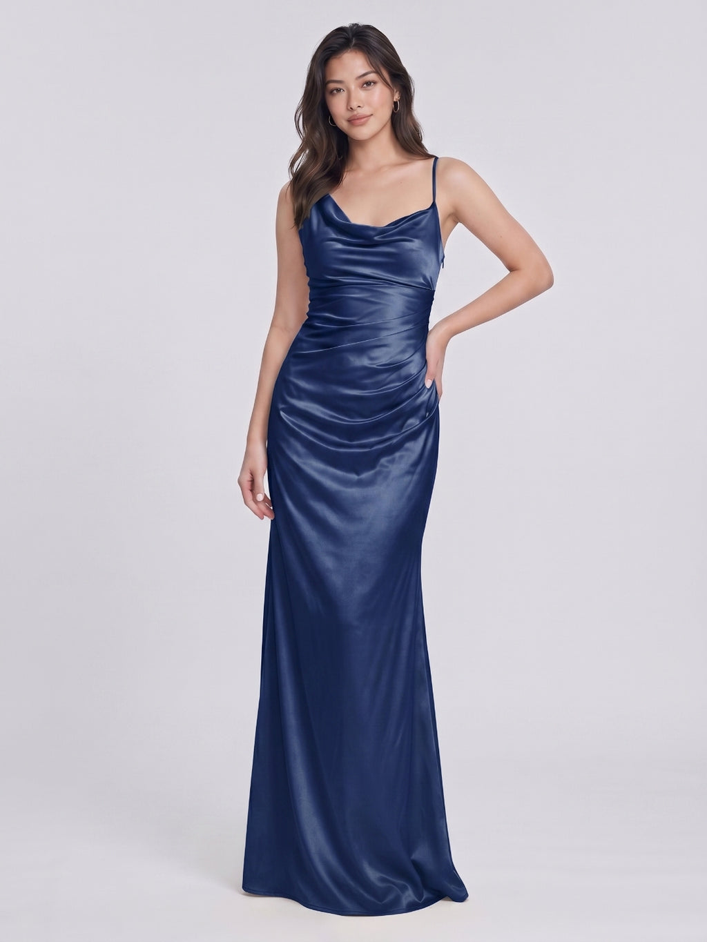 Navy Blue Satin Sheath Cowl Neck Floor-Length Bridesmaid Dress