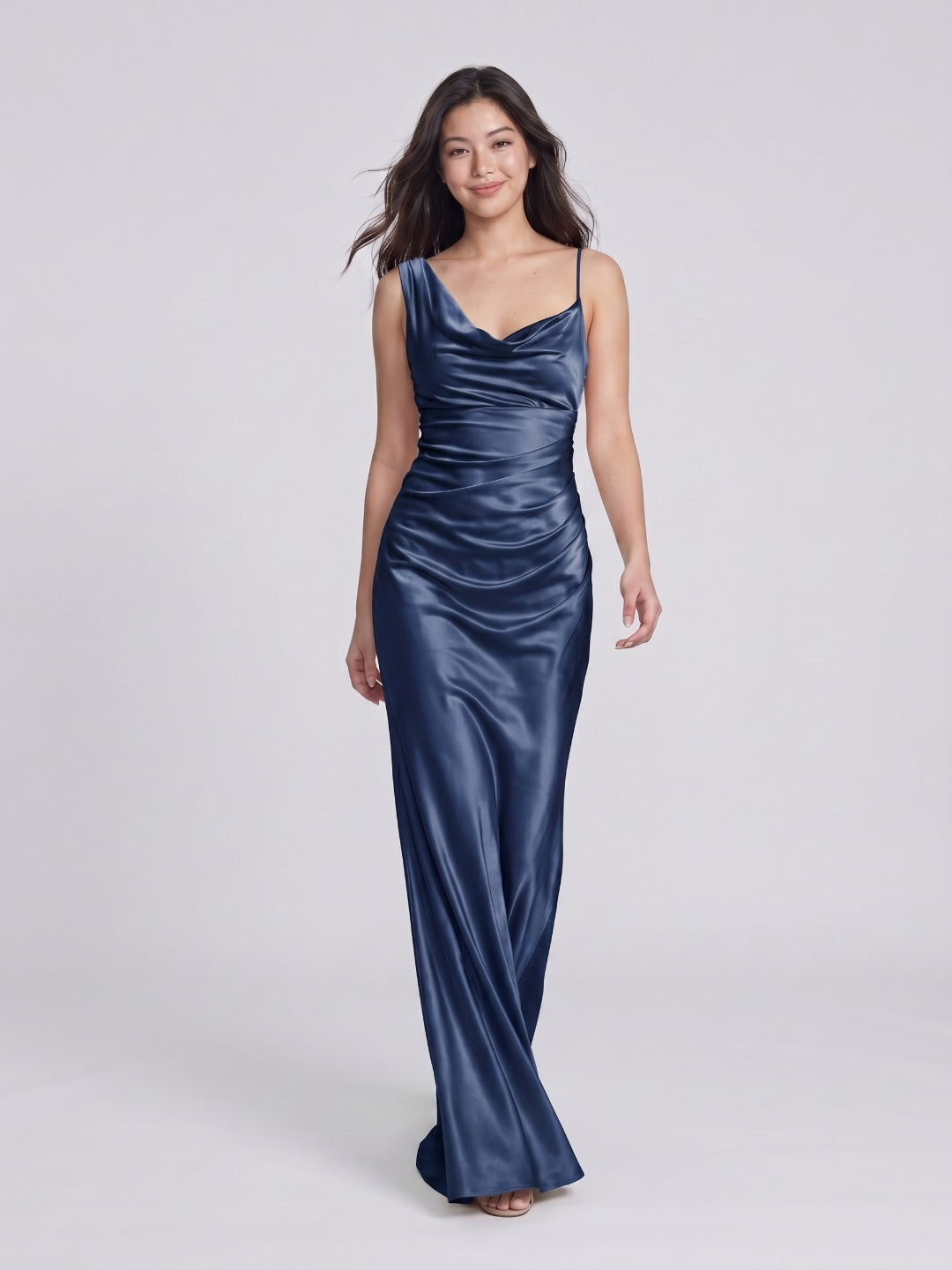 Navy Blue Satin Sheath Cowl Neck Floor-Length Bridesmaid Dress