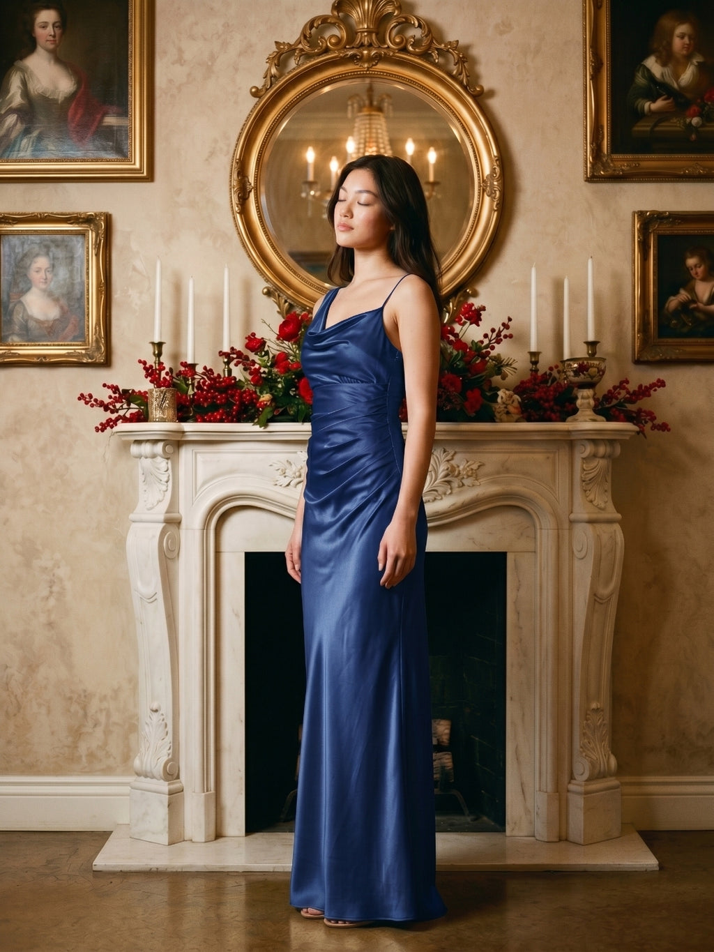 Navy Blue Satin Sheath Cowl Neck Floor-Length Bridesmaid Dress