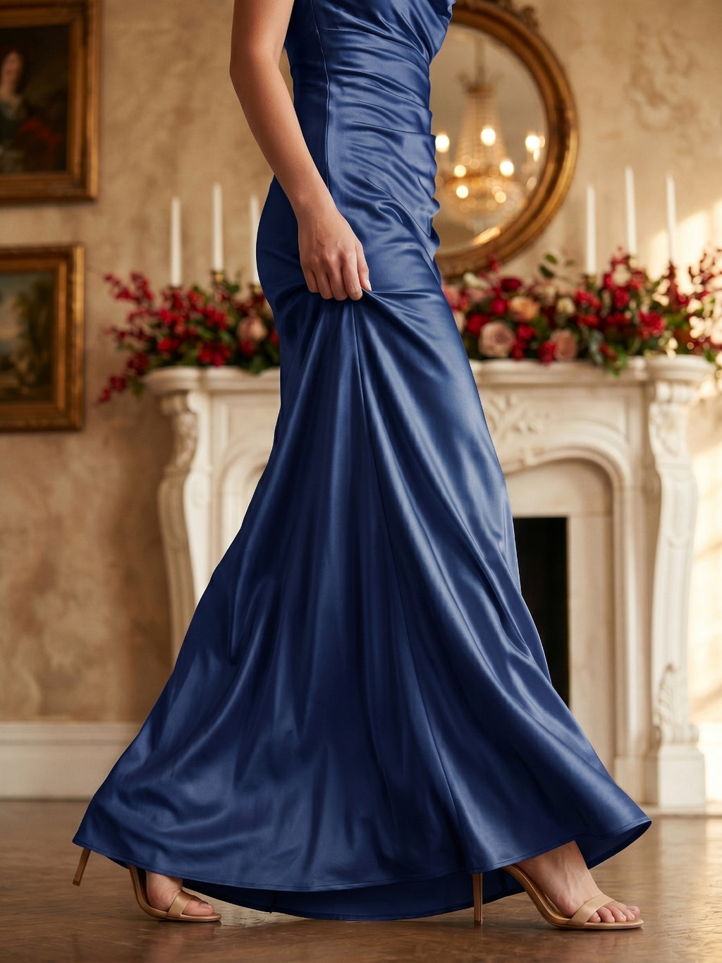 Navy Blue Satin Sheath Cowl Neck Floor-Length Bridesmaid Dress