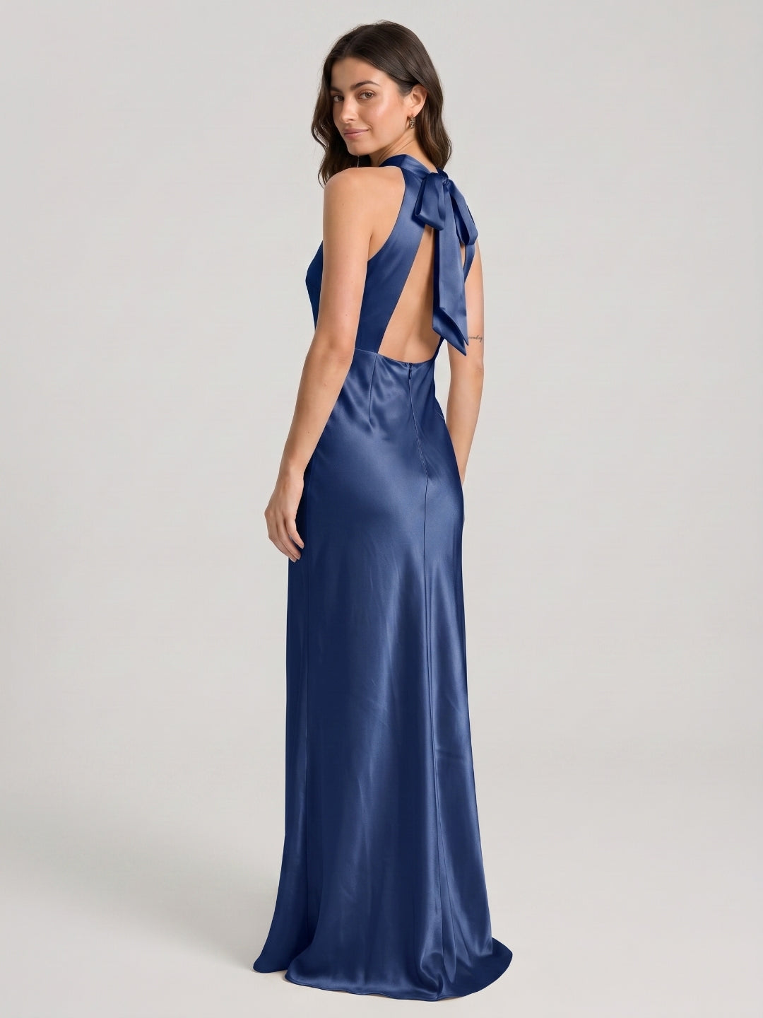 Navy Blue Satin Sheath Halter Neckline Backless Floor-Length Bridesmaid Dress