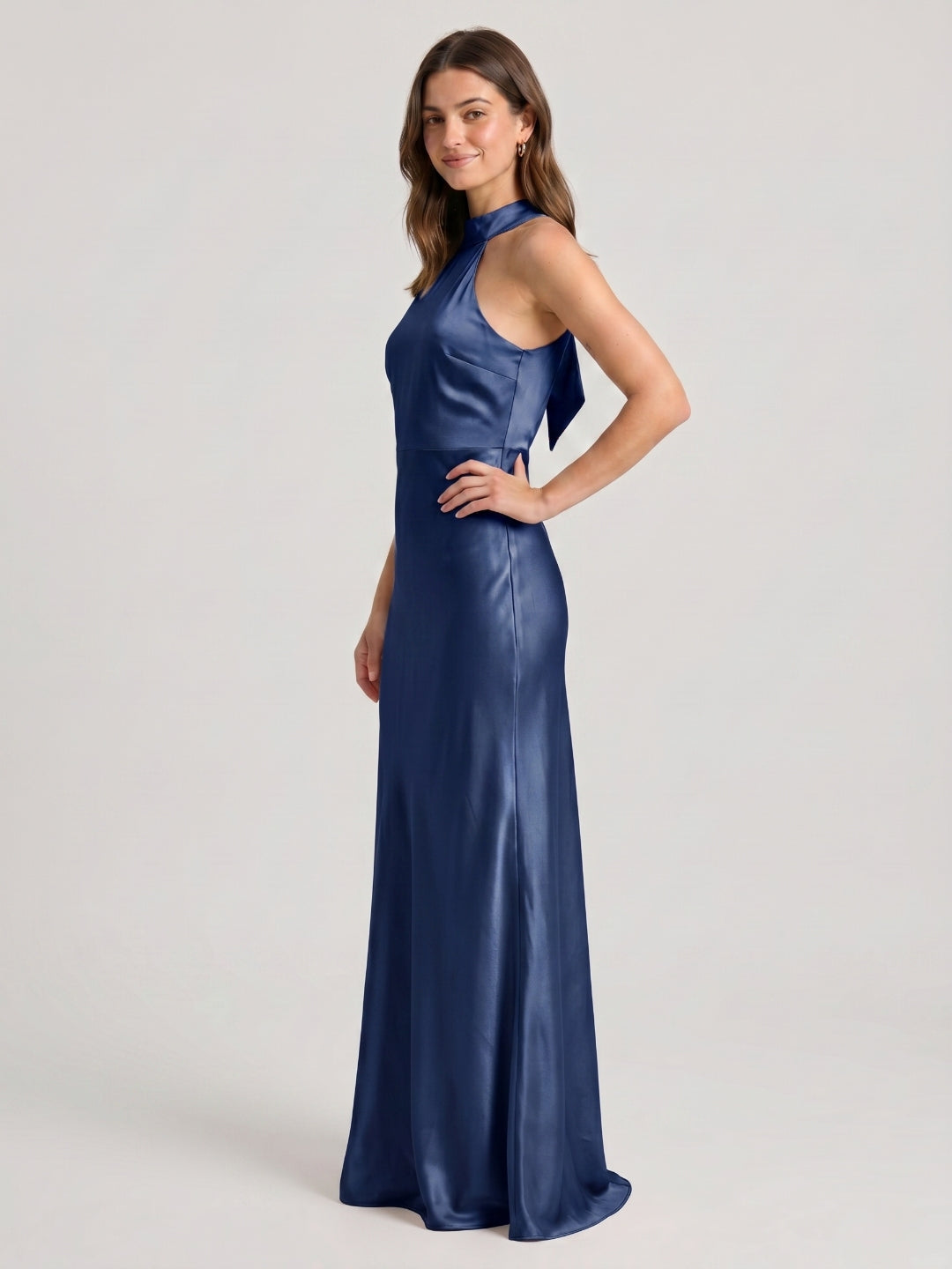Navy Blue Satin Sheath Halter Neckline Backless Floor-Length Bridesmaid Dress
