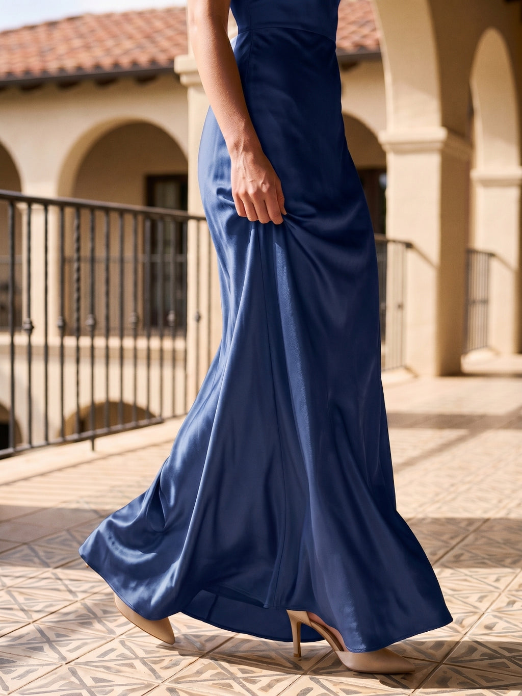 Navy Blue Satin Sheath Halter Neckline Backless Floor-Length Bridesmaid Dress