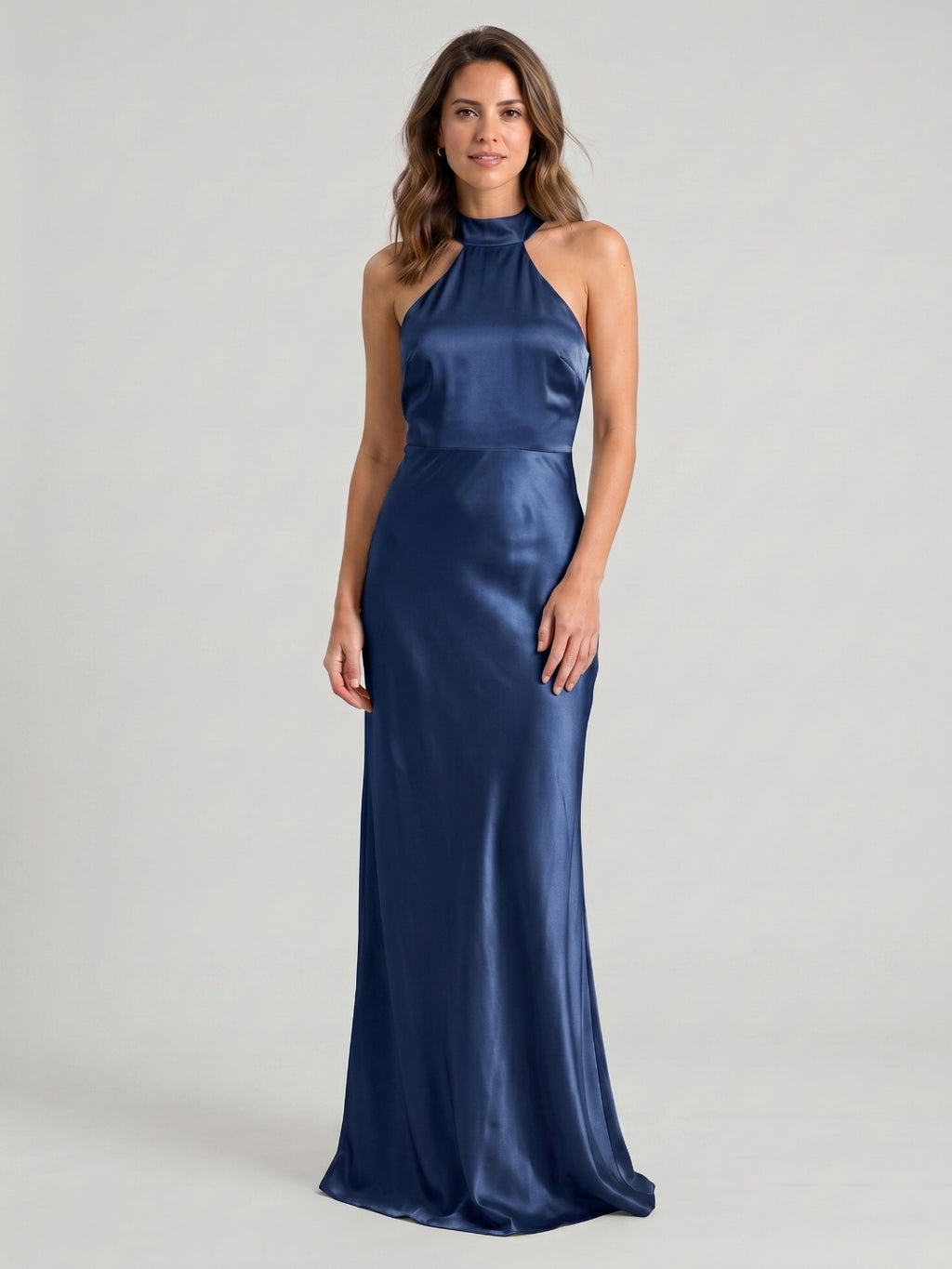 Navy Blue Satin Sheath Halter Neckline Backless Floor-Length Bridesmaid Dress