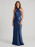 Navy Blue Satin Sheath Halter Neckline Backless Floor-Length Bridesmaid Dress