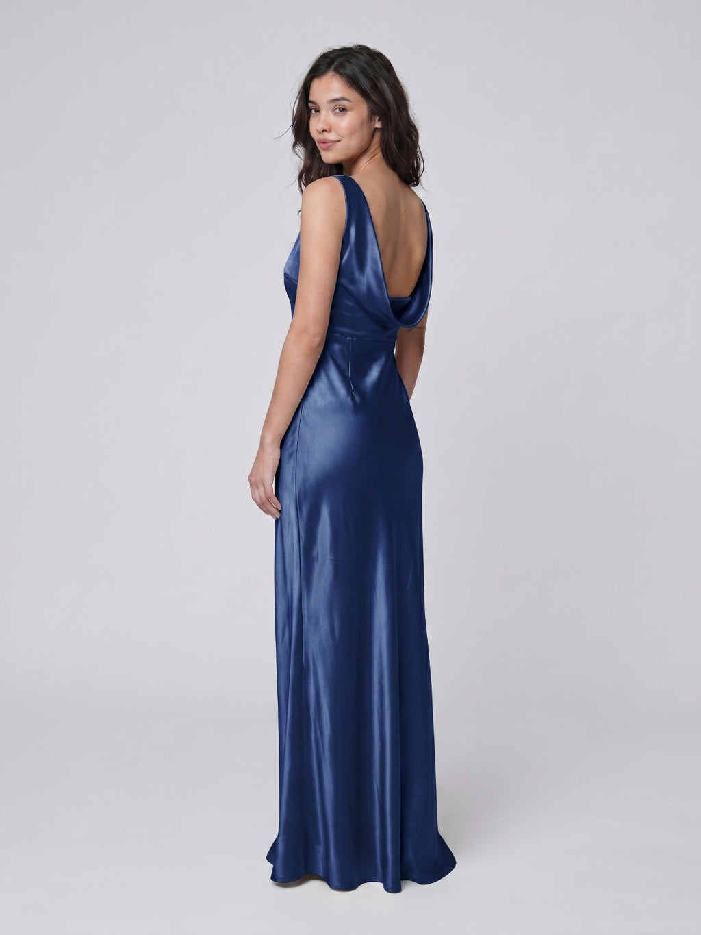 Navy Blue Satin Sheath Scoop Neck Backless Floor-Length Bridesmaid Dress