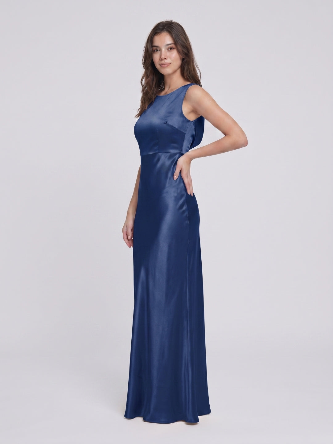 Navy Blue Satin Sheath Scoop Neck Backless Floor-Length Bridesmaid Dress