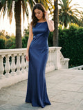 Navy Blue Satin Sheath Scoop Neck Backless Floor-Length Bridesmaid Dress