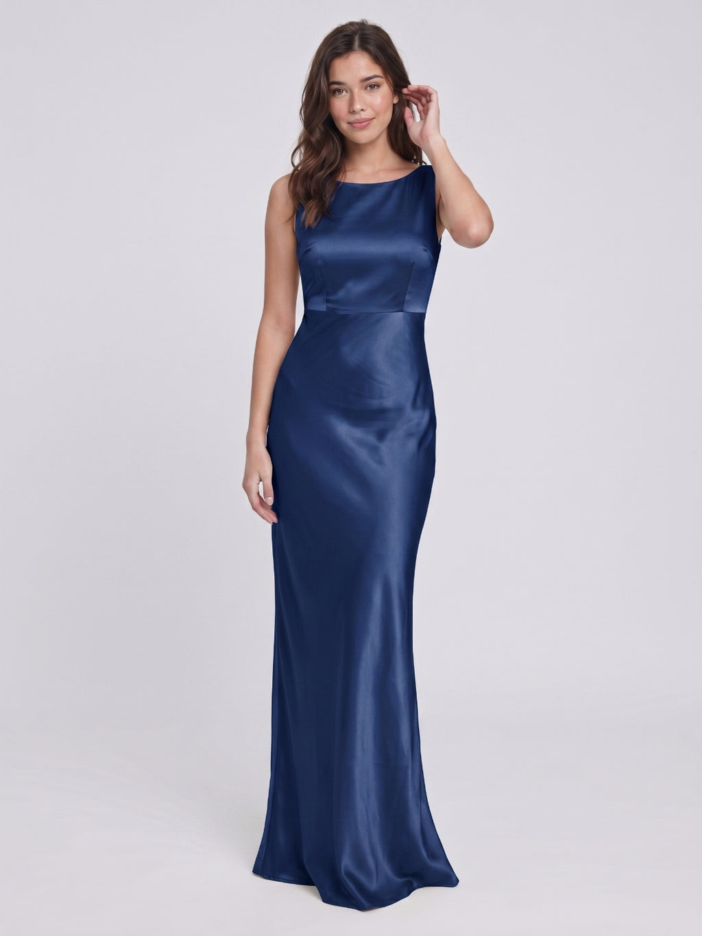 Navy Blue Satin Sheath Scoop Neck Backless Floor-Length Bridesmaid Dress