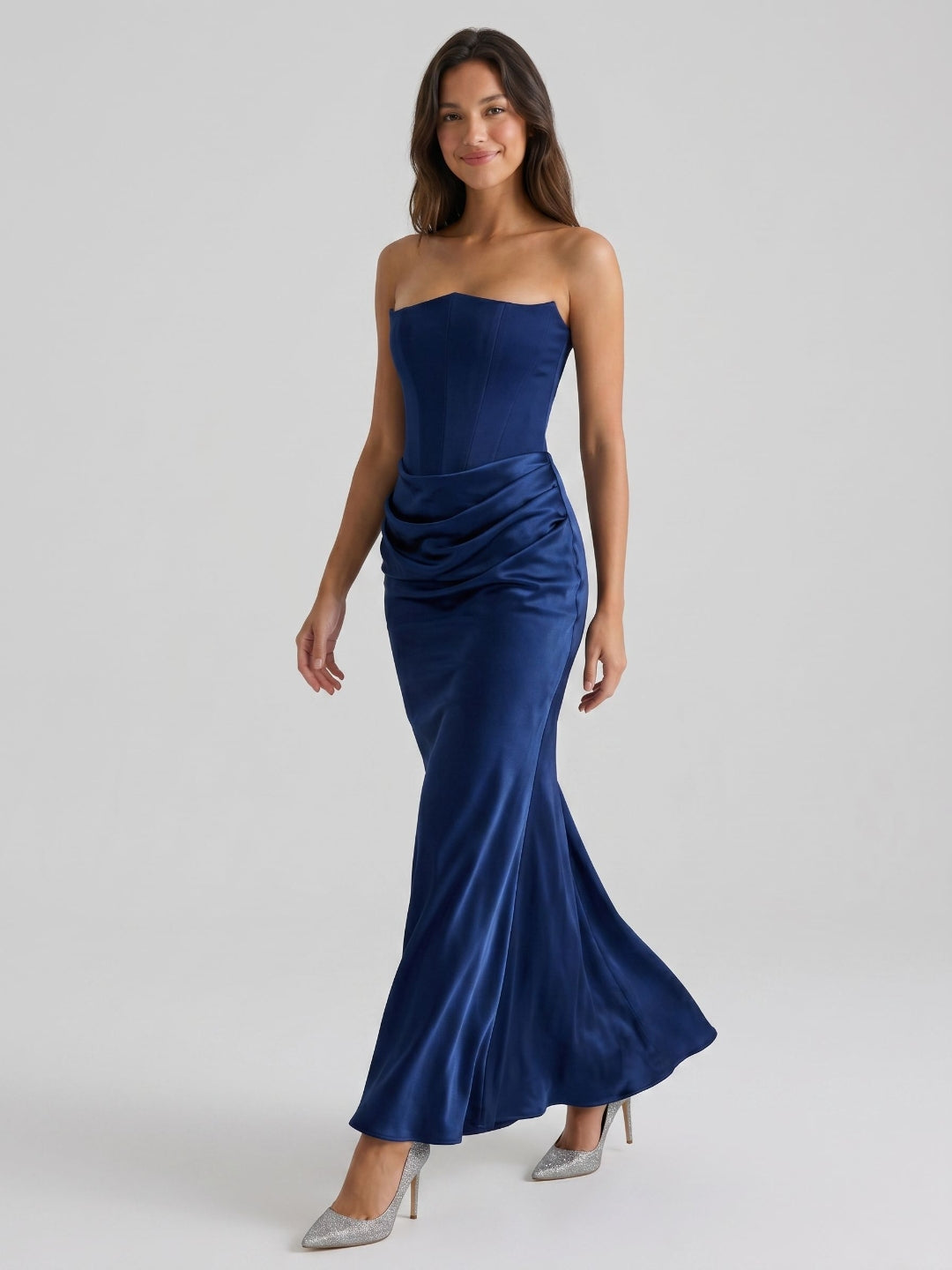 Navy Blue Satin Sheath Straight Neck Back Zip Floor-Length Birthday Dress