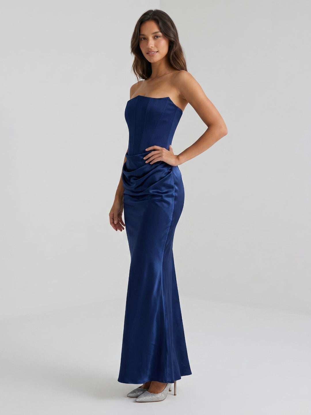Navy Blue Satin Sheath Straight Neck Back Zip Floor-Length Birthday Dress