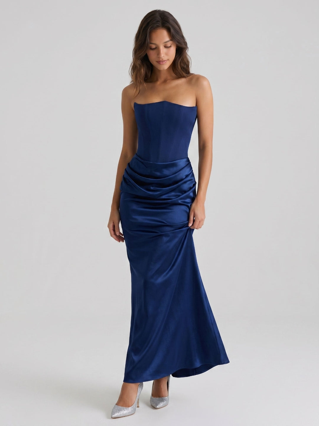 Navy Blue Satin Sheath Straight Neck Back Zip Floor-Length Birthday Dress