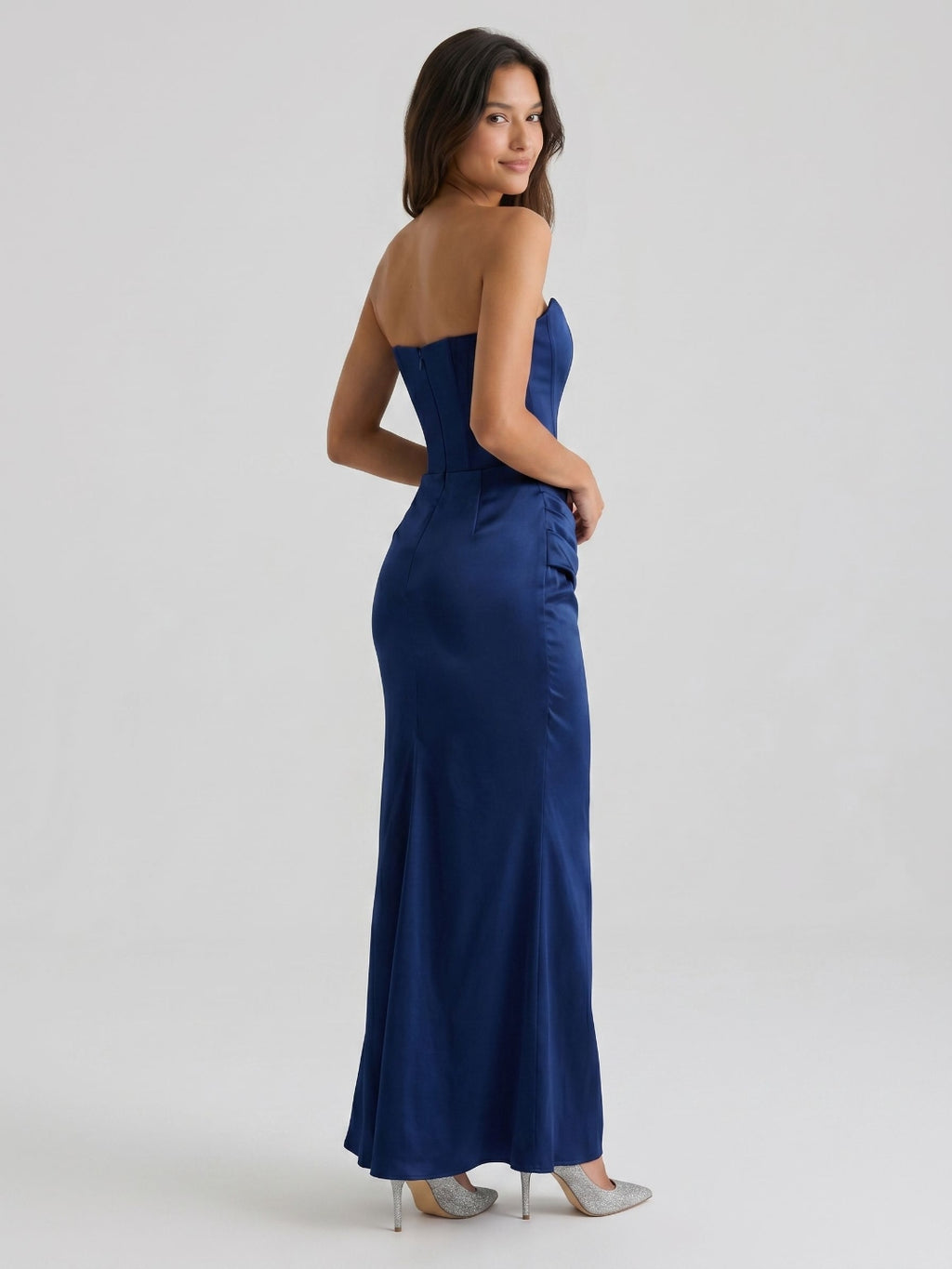 Navy Blue Satin Sheath Straight Neck Back Zip Floor-Length Birthday Dress