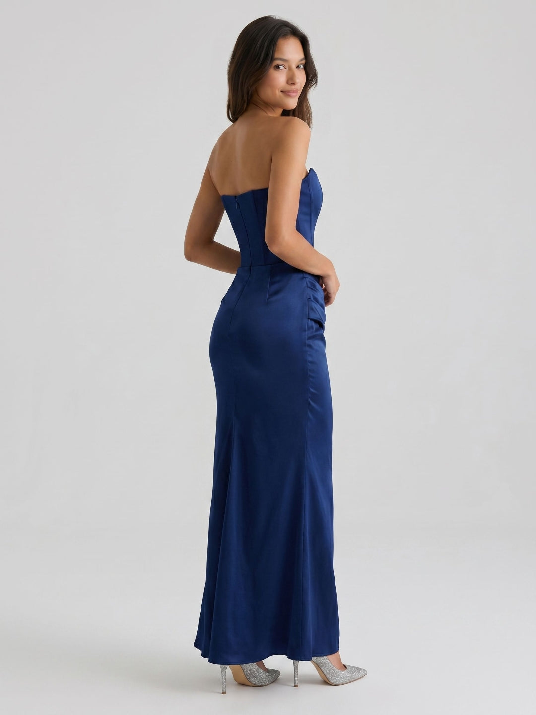 Navy Blue Satin Sheath Straight Neck Back Zip Floor-Length Birthday Dress
