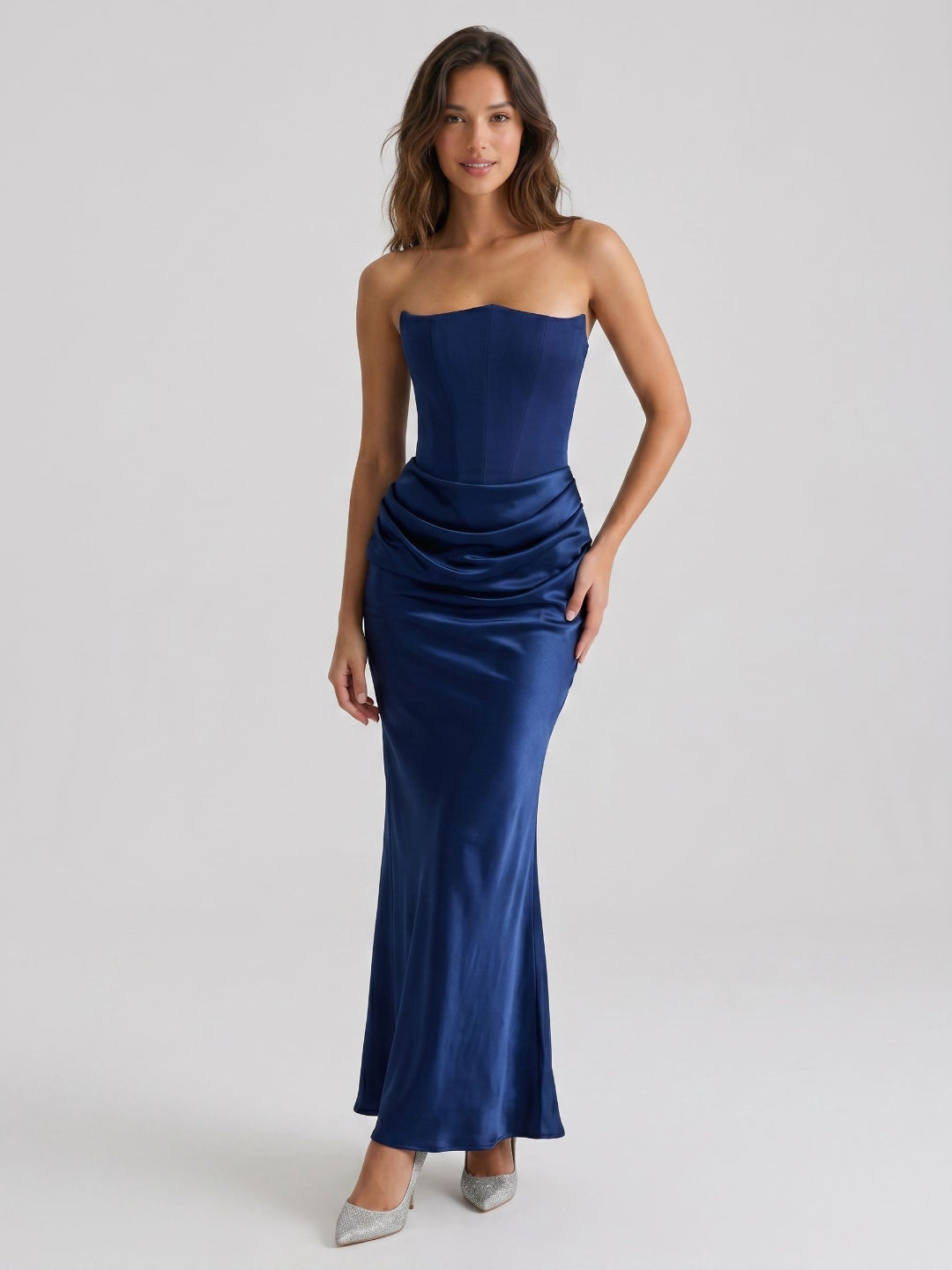 Navy Blue Satin Sheath Straight Neck Back Zip Floor-Length Birthday Dress