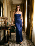 Navy Blue Satin Sheath Straight Neck Backless Floor-Length Evening Dress