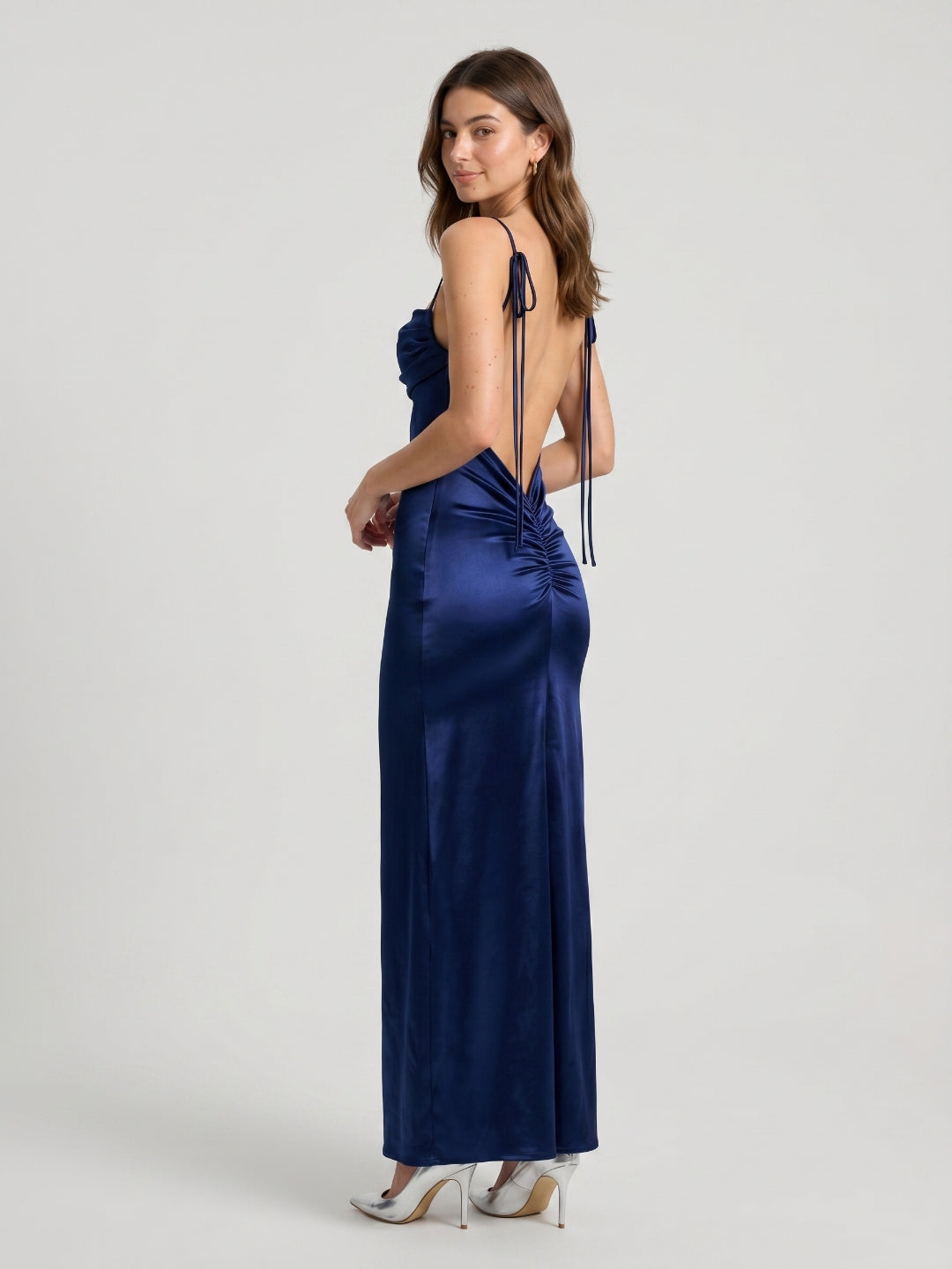 Navy Blue Satin Sheath Straight Neck Backless Floor-Length Evening Dress