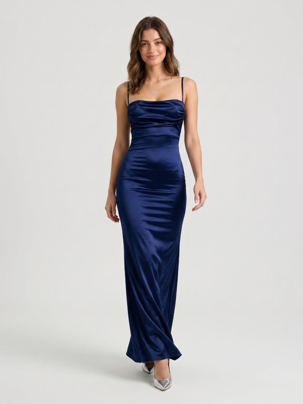 Navy Blue Satin Sheath Straight Neck Backless Floor-Length Evening Dress