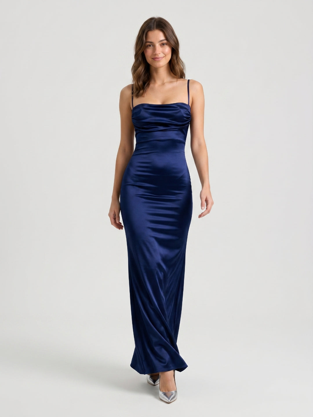 Navy Blue Satin Sheath Straight Neck Backless Floor-Length Evening Dress