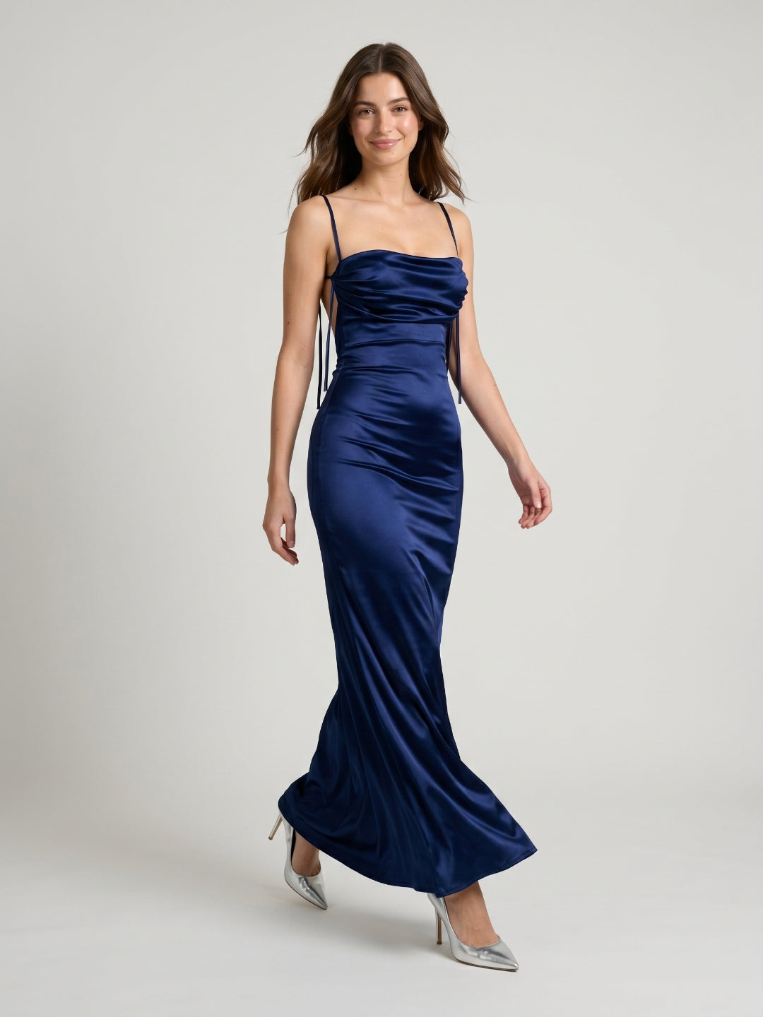 Navy Blue Satin Sheath Straight Neck Backless Floor-Length Evening Dress