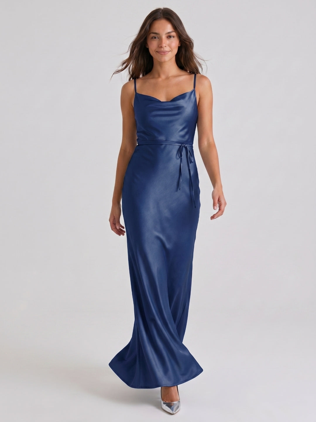 Navy Blue Satin Sheath Straight Neck Side Zip Floor-Length Bridesmaid Dress