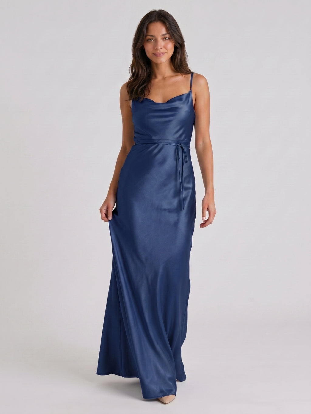 Navy Blue Satin Sheath Straight Neck Side Zip Floor-Length Bridesmaid Dress