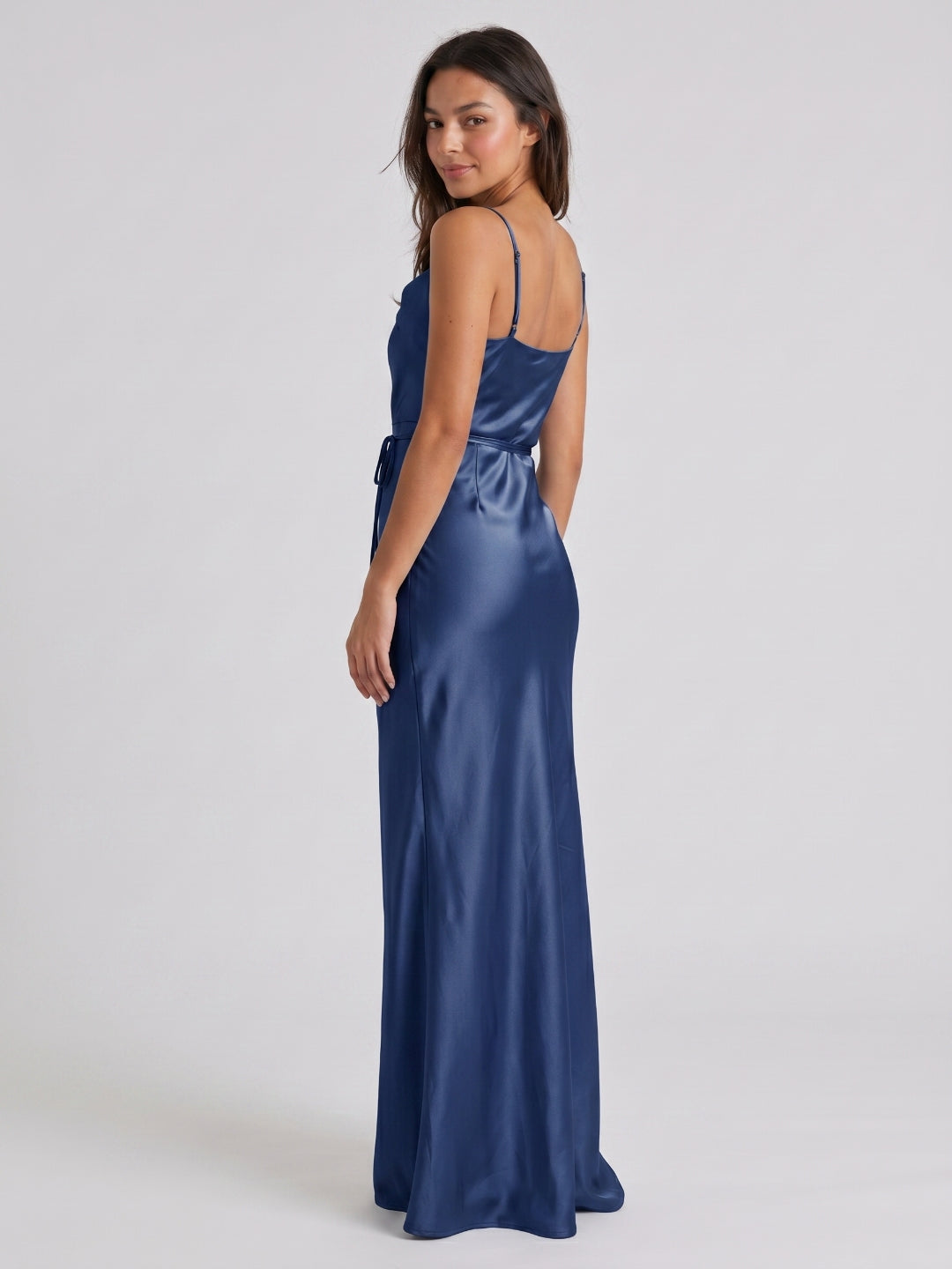 Navy Blue Satin Sheath Straight Neck Side Zip Floor-Length Bridesmaid Dress