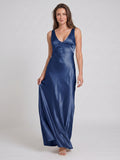 Navy Blue Satin Sheath V-Neck V-Back Floor-Length Bridesmaid Dress