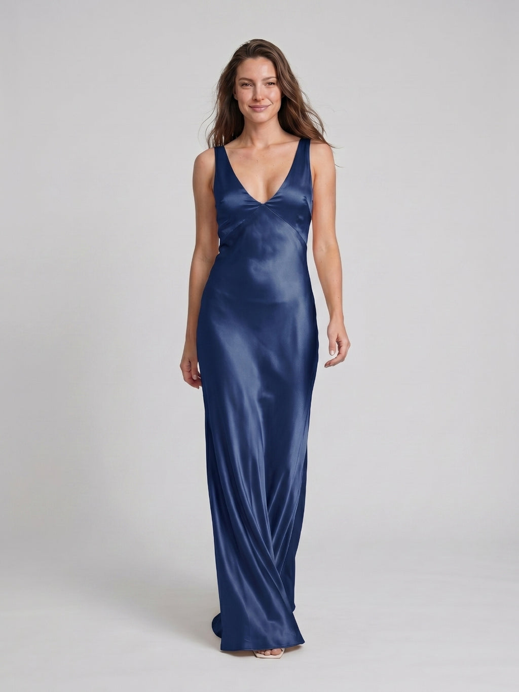 Navy Blue Satin Sheath V-Neck V-Back Floor-Length Bridesmaid Dress