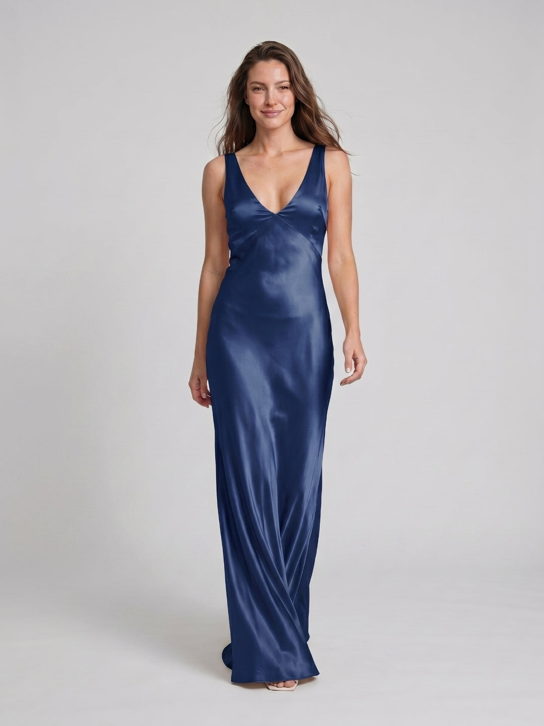 Navy Blue Satin Sheath V-Neck V-Back Floor-Length Bridesmaid Dress