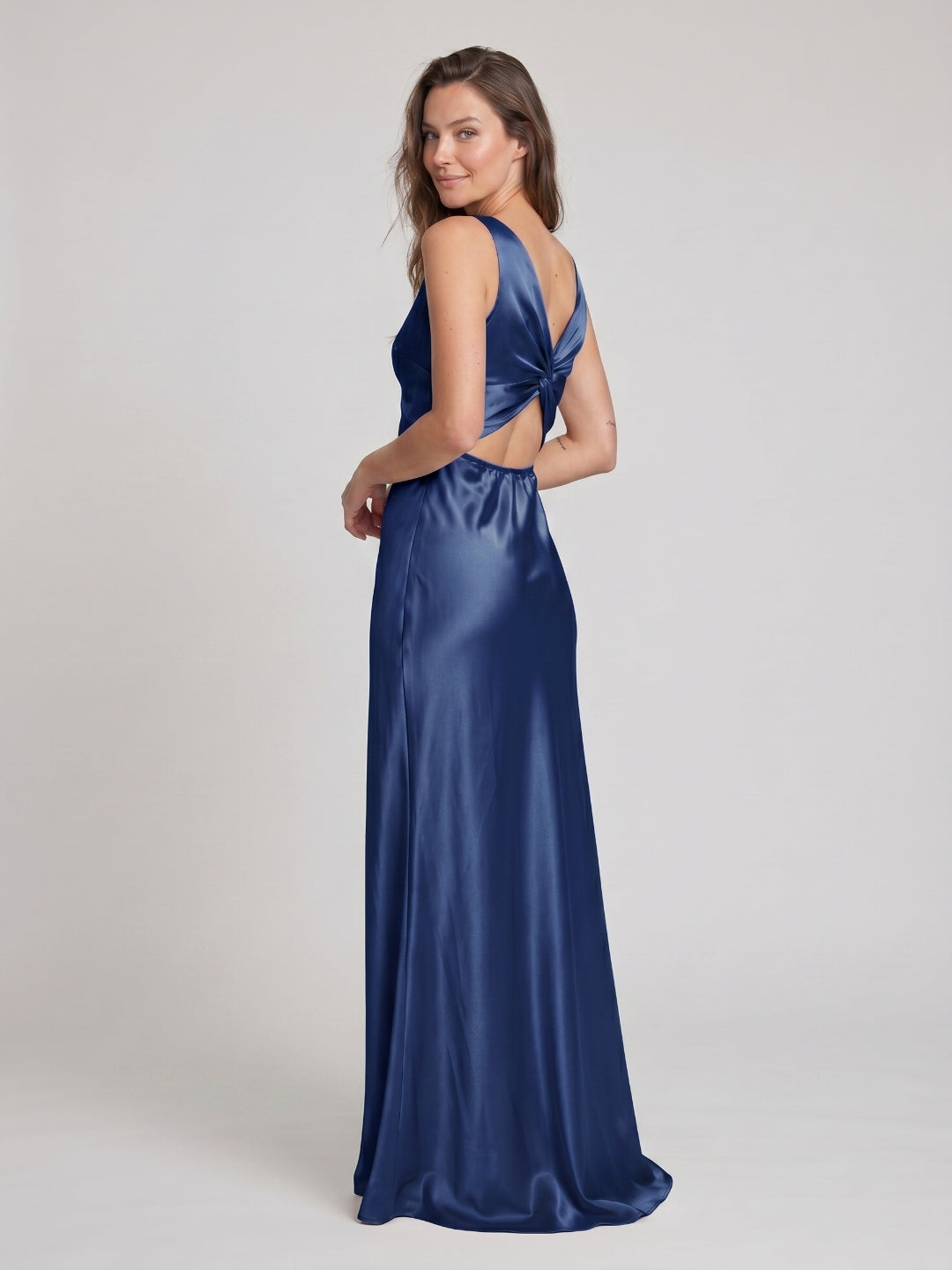 Navy Blue Satin Sheath V-Neck V-Back Floor-Length Bridesmaid Dress