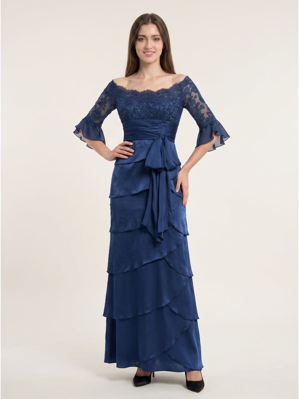 Navy Blue Satin column Scoop Neck Back Zip Floor-Length Mother of the Bride Dress with Bow