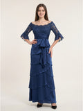 Navy Blue Satin column Scoop Neck Back Zip Floor-Length Mother of the Bride Dress with Bow