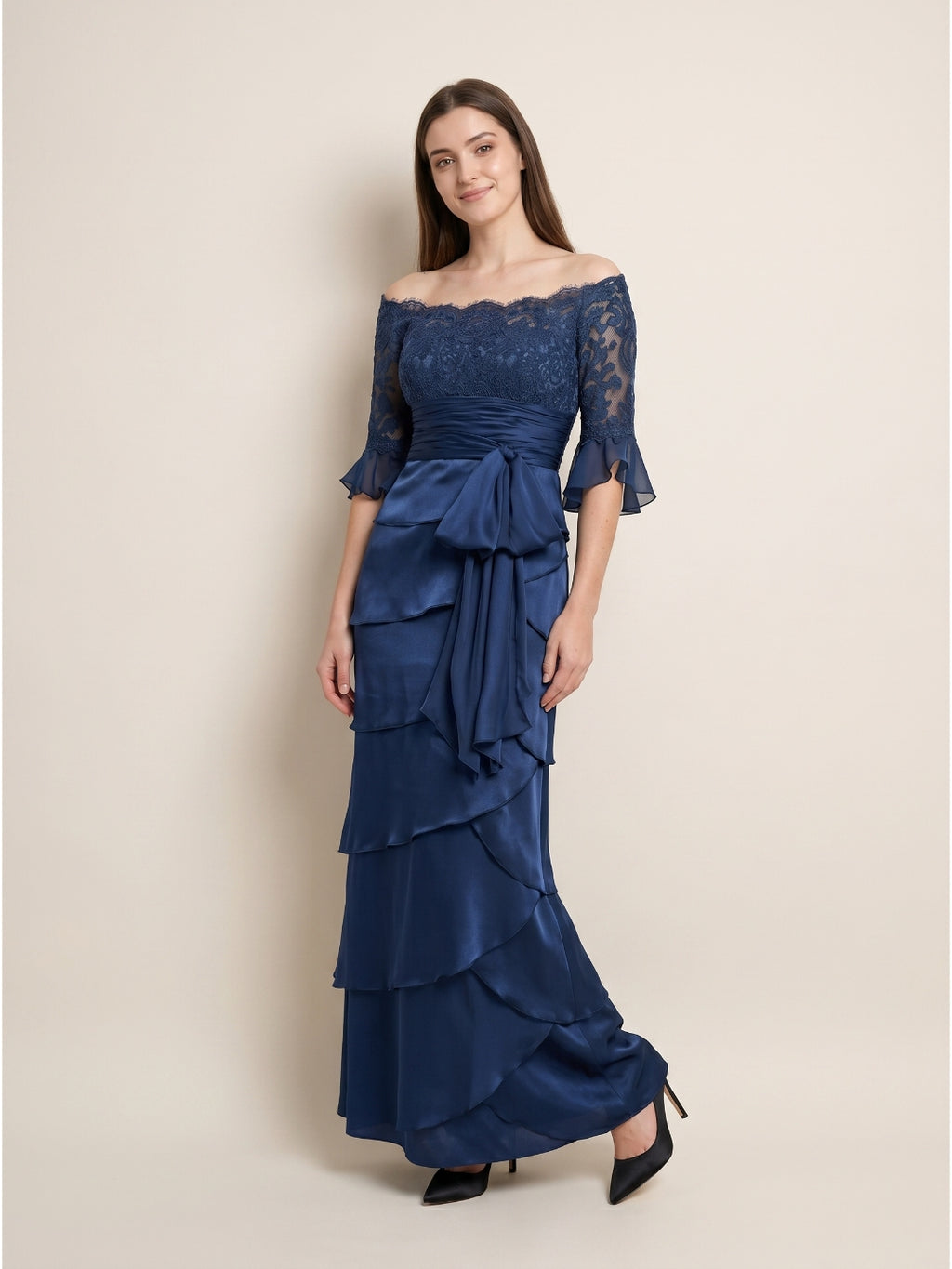 Navy Blue Satin column Scoop Neck Back Zip Floor-Length Mother of the Bride Dress with Bow