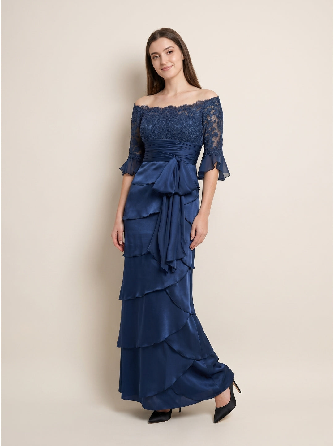 Navy Blue Satin column Scoop Neck Back Zip Floor-Length Mother of the Bride Dress with Bow