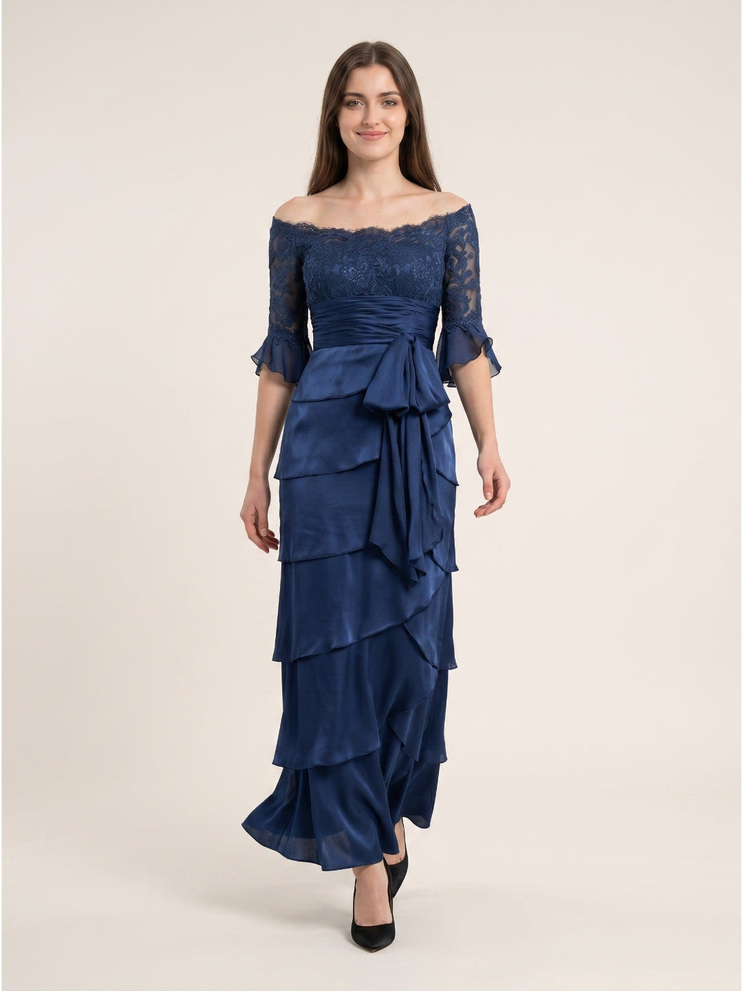 Navy Blue Satin column Scoop Neck Back Zip Floor-Length Mother of the Bride Dress with Bow