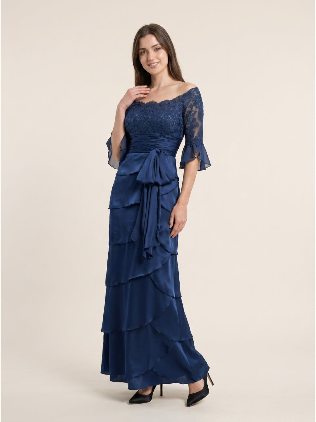 Navy Blue Satin column Scoop Neck Back Zip Floor-Length Mother of the Bride Dress with Bow