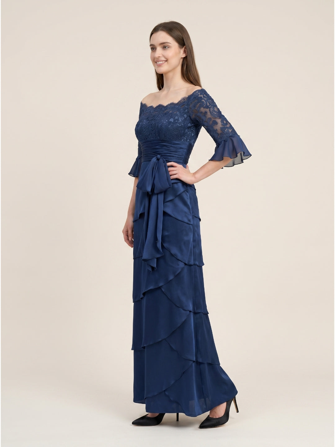 Navy Blue Satin column Scoop Neck Back Zip Floor-Length Mother of the Bride Dress with Bow