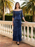 Navy Blue Satin column Scoop Neck Back Zip Floor-Length Mother of the Bride Dress with Bow