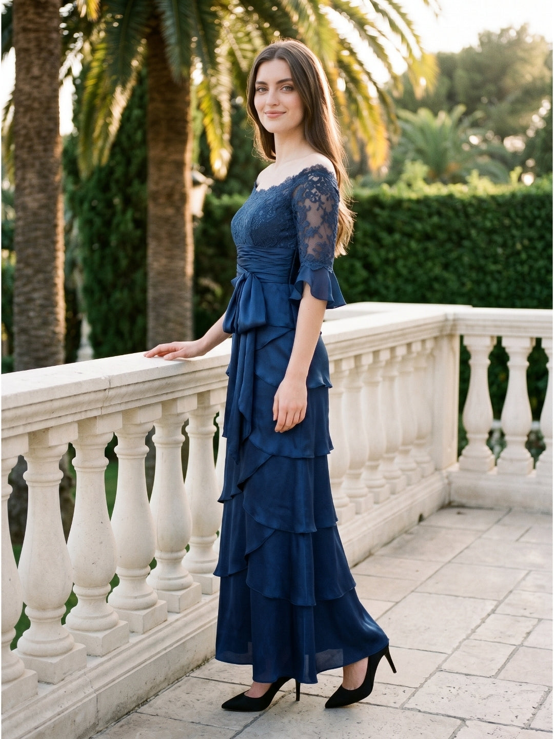 Navy Blue Satin column Scoop Neck Back Zip Floor-Length Mother of the Bride Dress with Bow