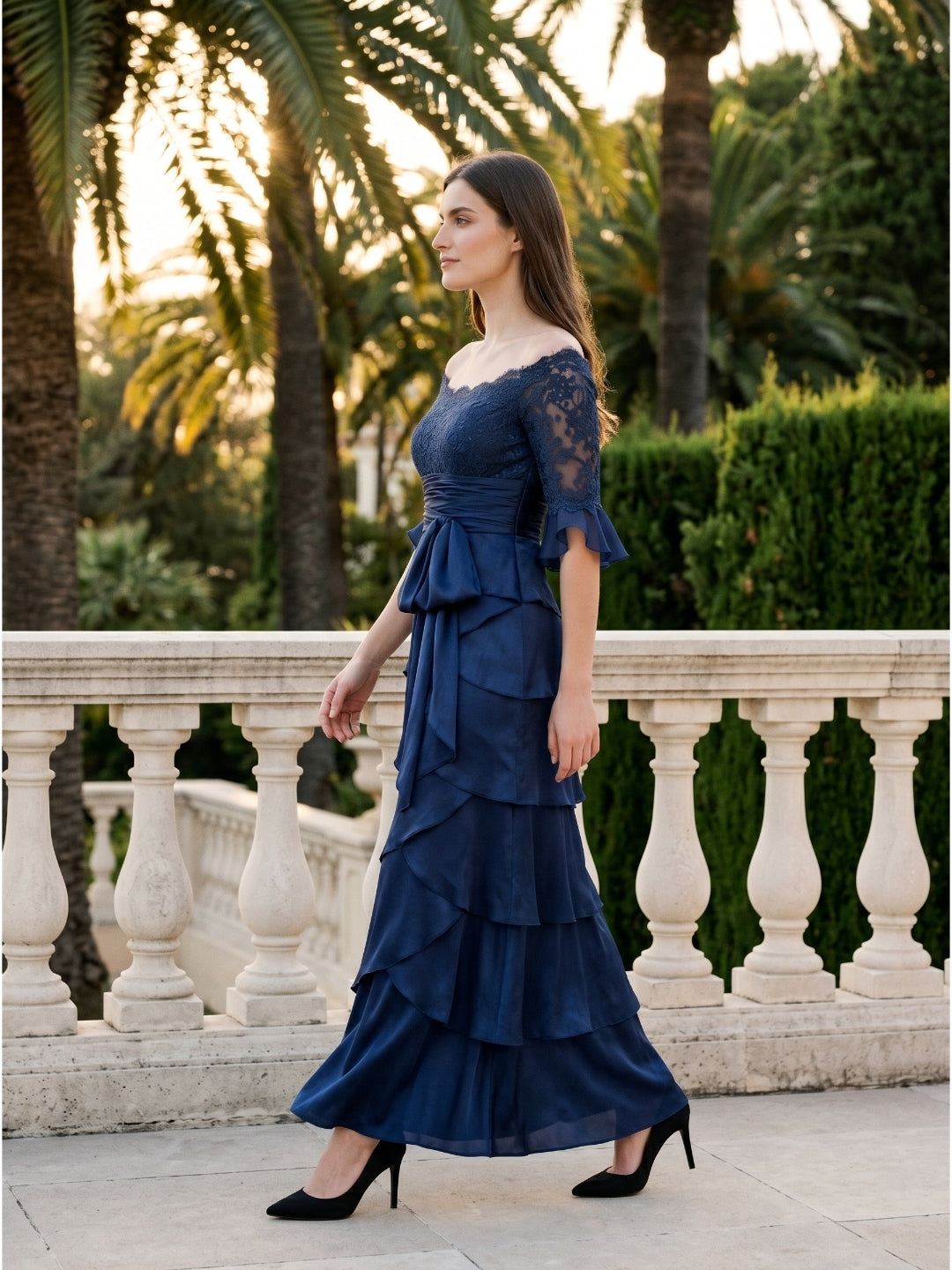 Navy Blue Satin column Scoop Neck Back Zip Floor-Length Mother of the Bride Dress with Bow