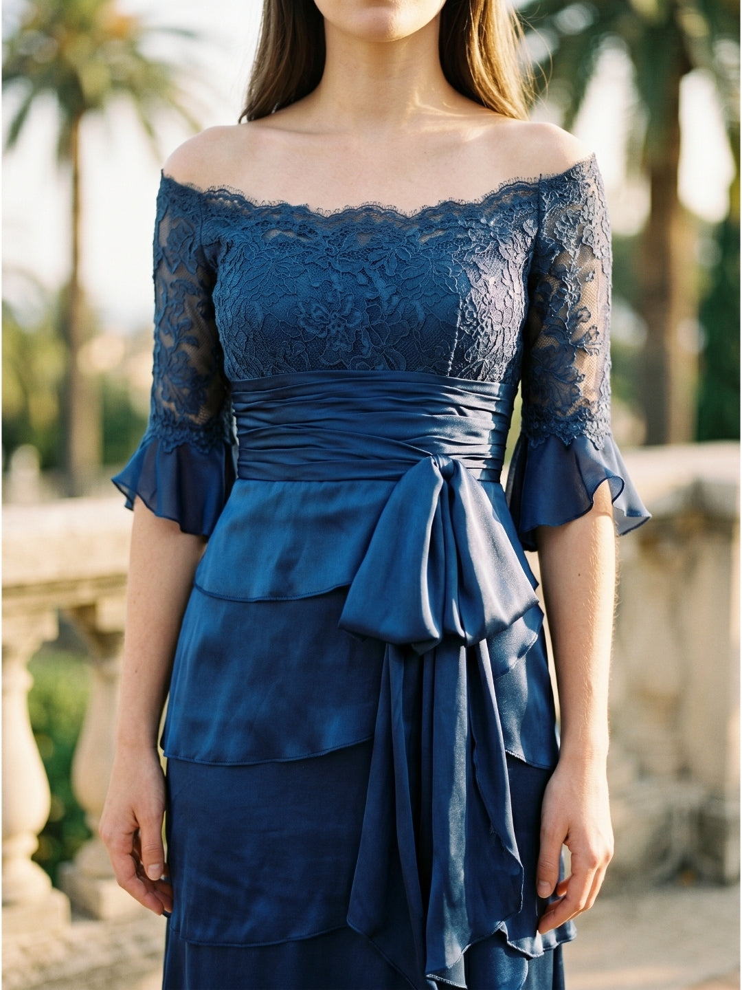 Navy Blue Satin column Scoop Neck Back Zip Floor-Length Mother of the Bride Dress with Bow