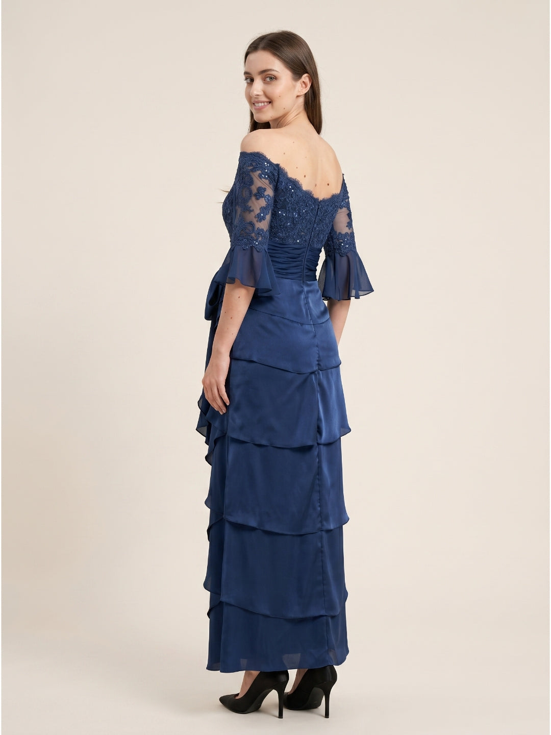 Navy Blue Satin column Scoop Neck Back Zip Floor-Length Mother of the Bride Dress with Bow