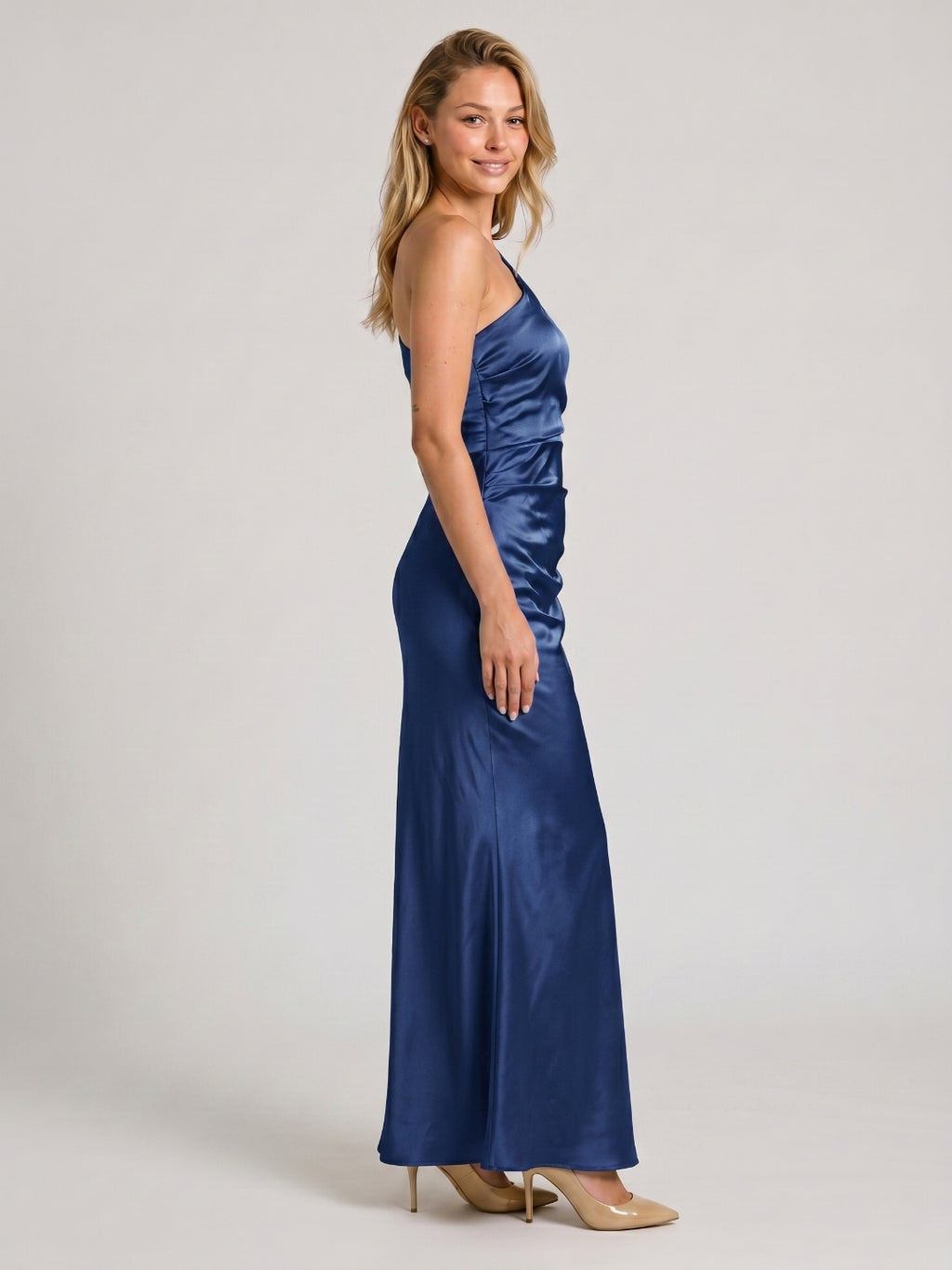 Navy Blue Sheath One Shoulder Side Zip Floor-Length Bridesmaid Dress