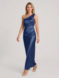 Navy Blue Sheath One Shoulder Side Zip Floor-Length Bridesmaid Dress