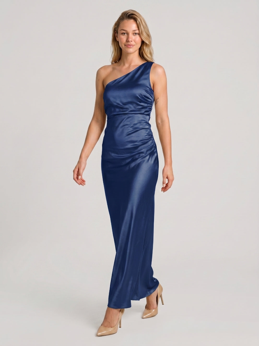 Navy Blue Sheath One Shoulder Side Zip Floor-Length Bridesmaid Dress