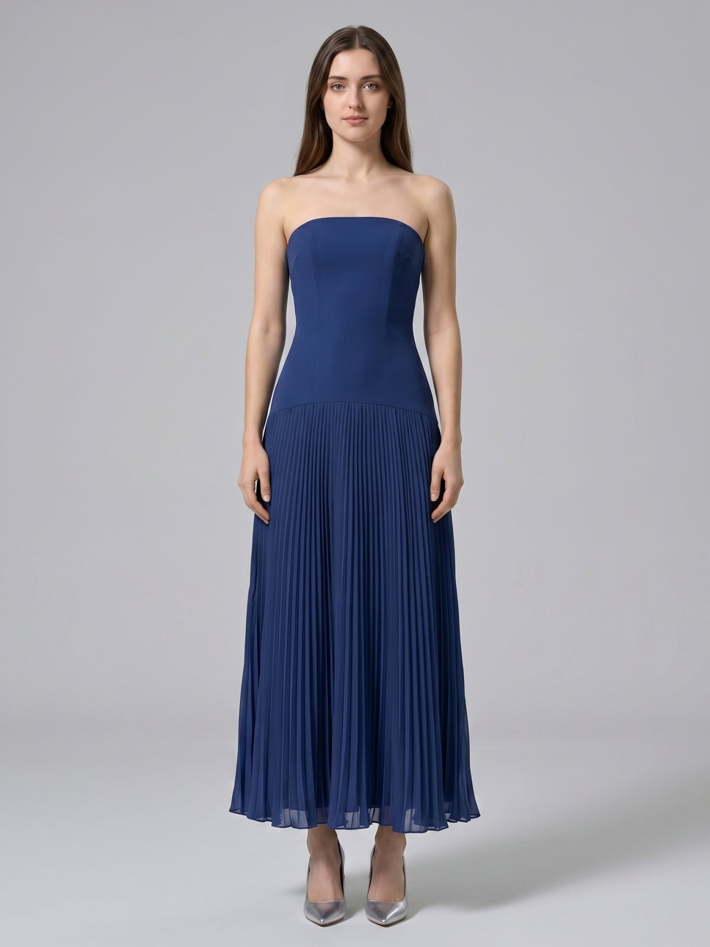 Navy Blue Stretch Knit A-Line Straight Neck Back Zip Ankle-Length Bridesmaid Dress