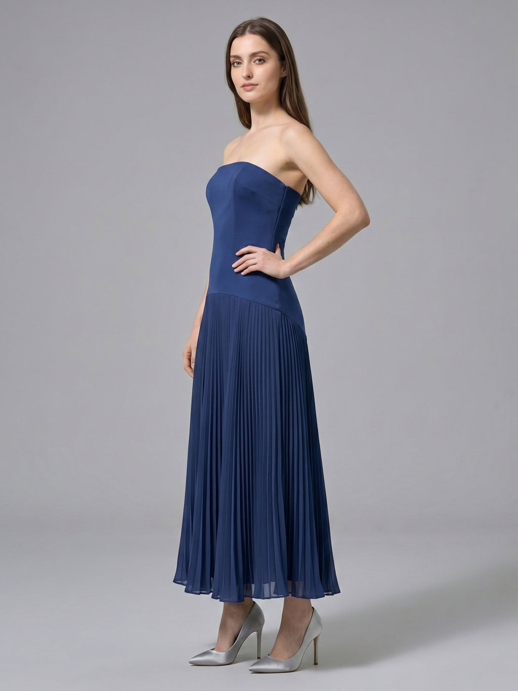 Navy Blue Stretch Knit A-Line Straight Neck Back Zip Ankle-Length Bridesmaid Dress