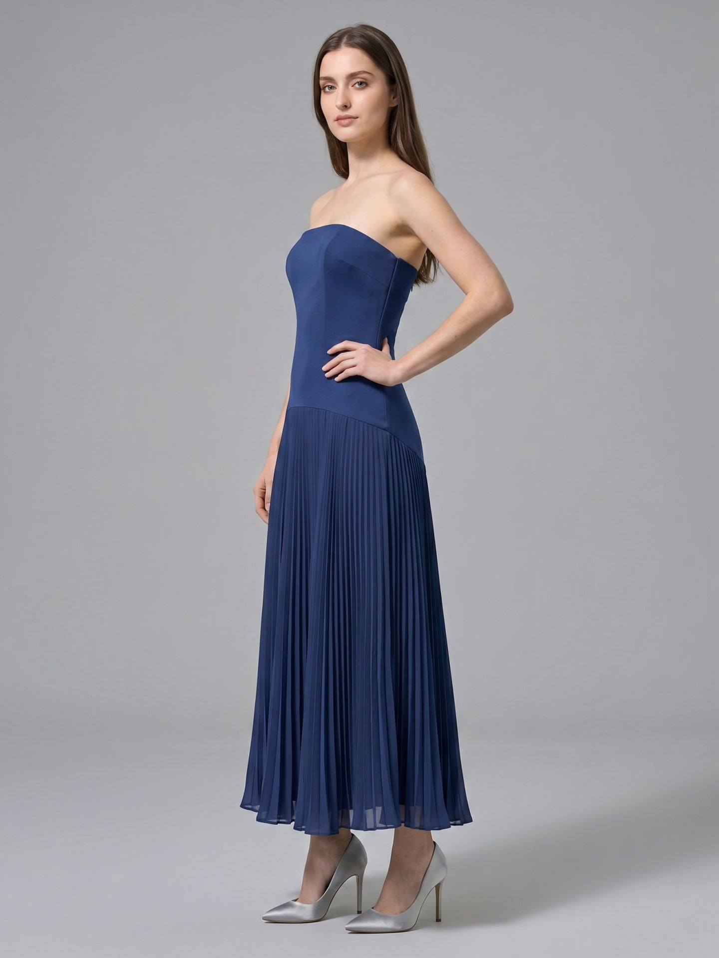 Navy Blue Stretch Knit A-Line Straight Neck Back Zip Ankle-Length Bridesmaid Dress