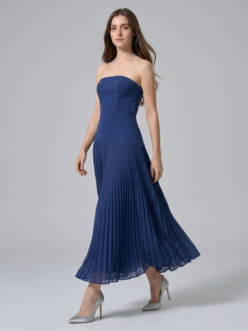Navy Blue Stretch Knit A-Line Straight Neck Back Zip Ankle-Length Bridesmaid Dress